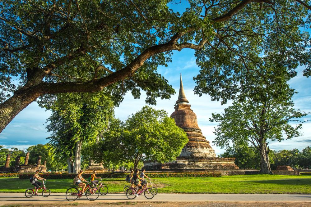 Cyclist on a quiet country lane flanked by rice fields and traditional Buddhist shrines near Sukhothai