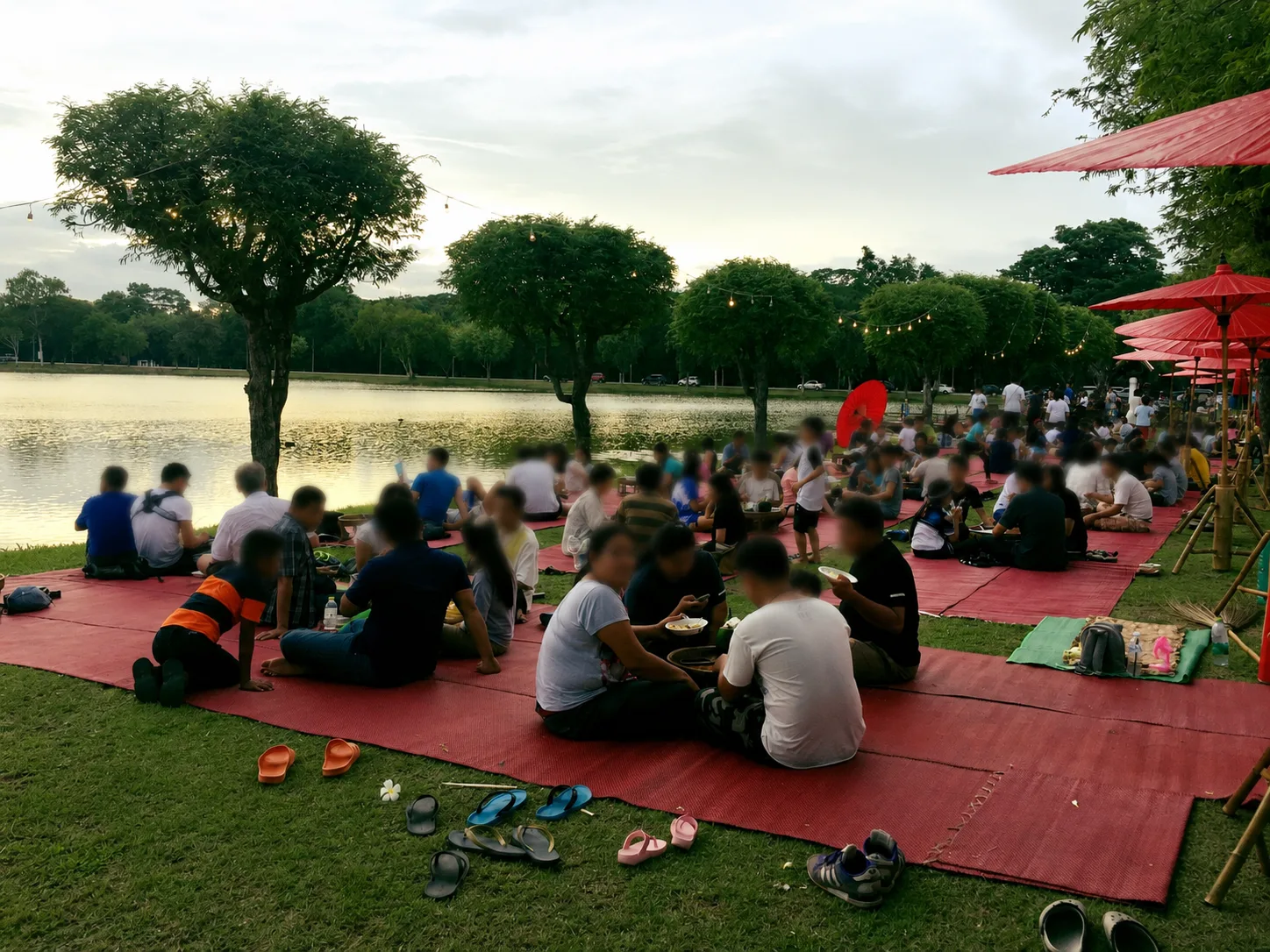 Groups of people seated on red mats beside the moat for communal khantoke dining under string lights and red parasols at dusk