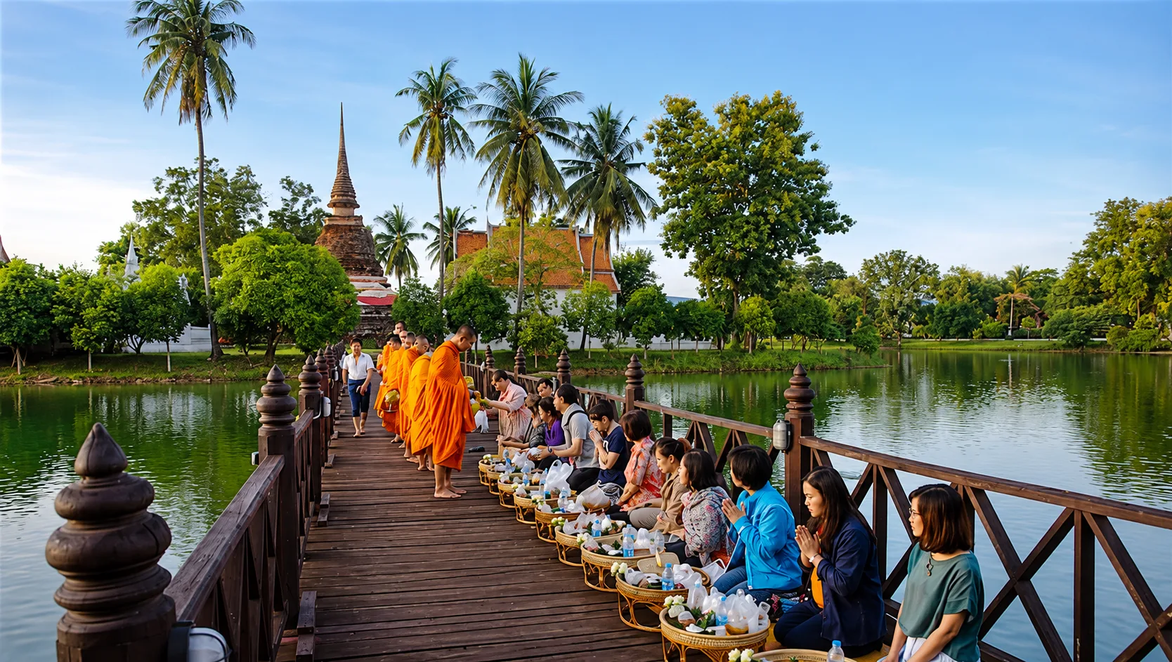 Monks receiving morning alms in Sukhothai at dawn