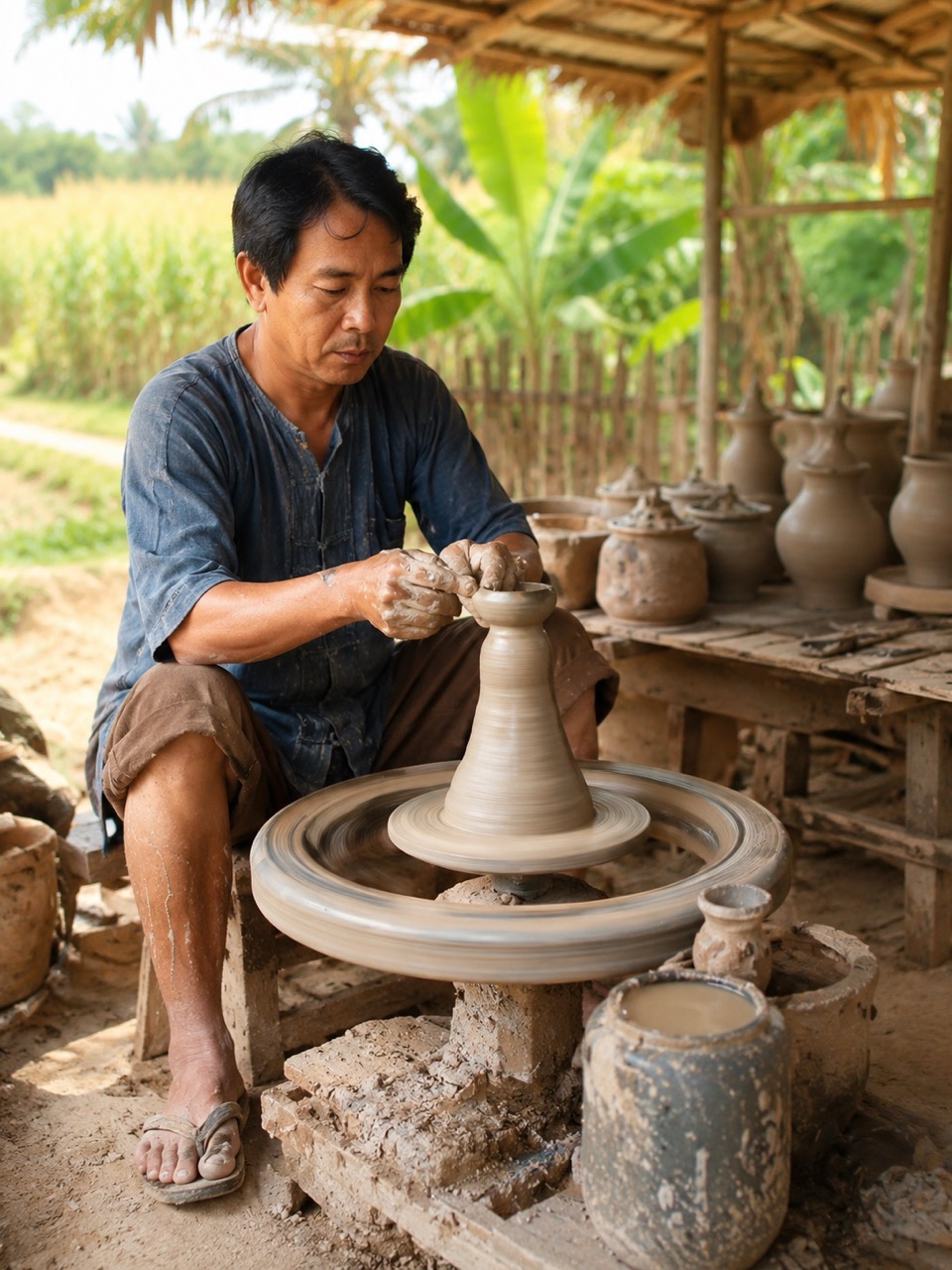 Thai potter shaping clay on a traditional foot-powered wheel at an outdoor workshop near Sukhothai, surrounded by finished vessels