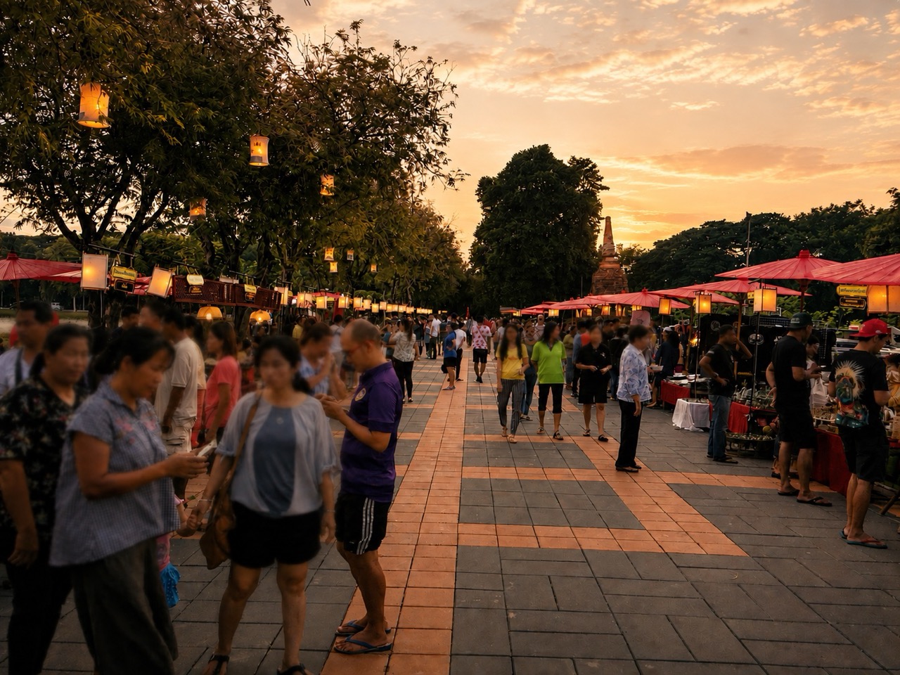 Lantern-lit stalls at the Tha Nam Rap Sadet evening market beside the Sukhothai moat