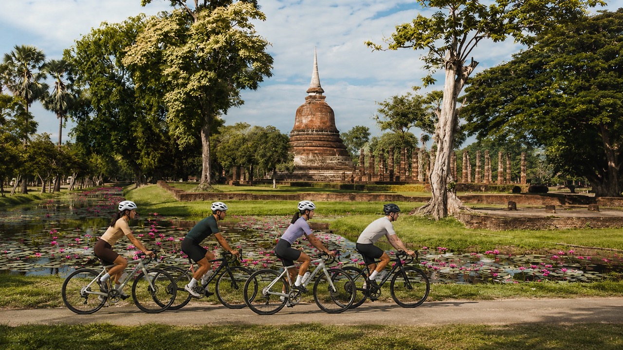 Sukhothai at sunrise — rice fields, temple ruins, and a cyclist on a quiet countryside lane